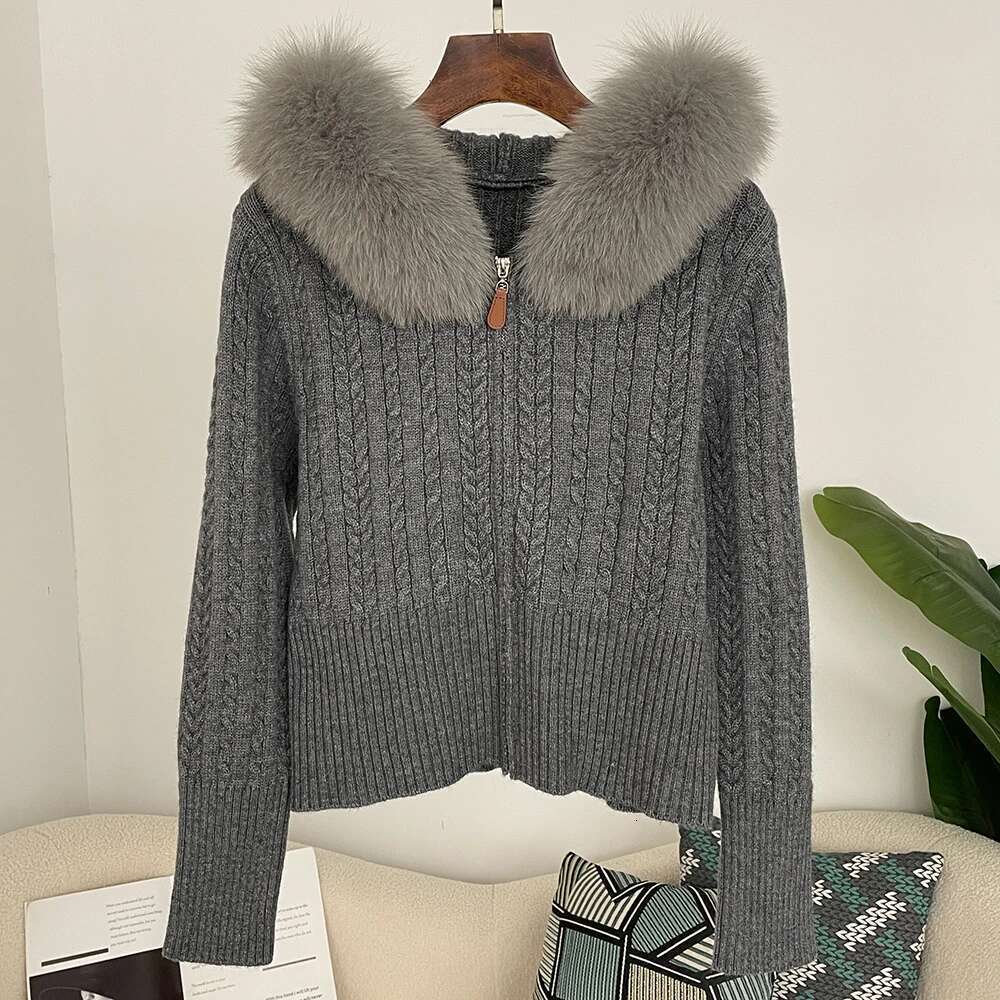 Knitwear Patchwork Real Fur Women Spring Sweet Furry Trim Hooded Knitted Cropped Cardigans Slim Zipper Sweaters Autumn Lady