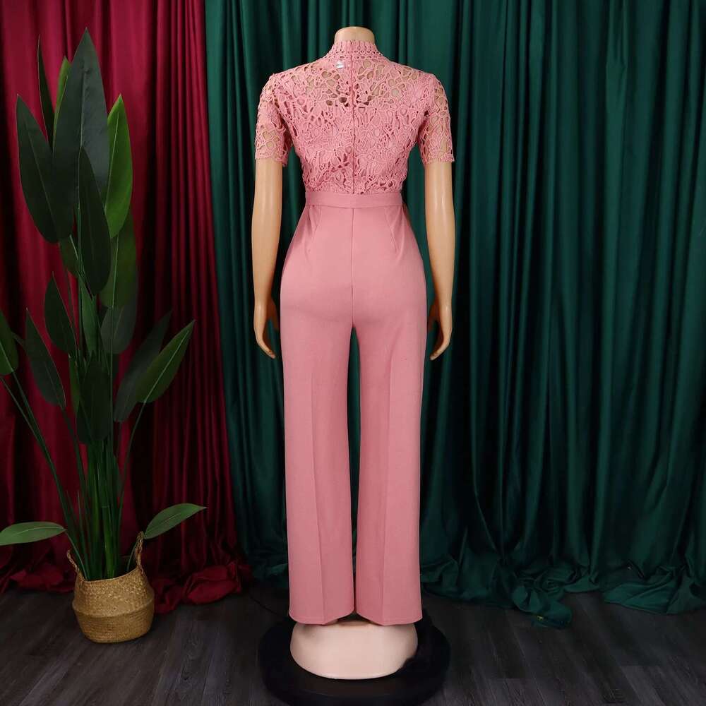 Elegant Jumpsuits & Rompers For Women O Neck Lace Patchwork Short Sleeve Sashes High Waisted Birthday Party Dinner Outfit
