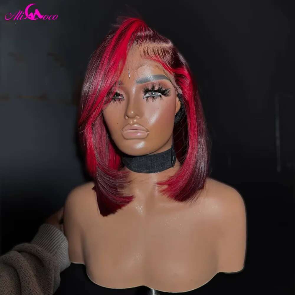 Highlight Red 99J 180 Density 13x4 Lace Front for Women Straight Short Bob Wig Human Hair Wigs