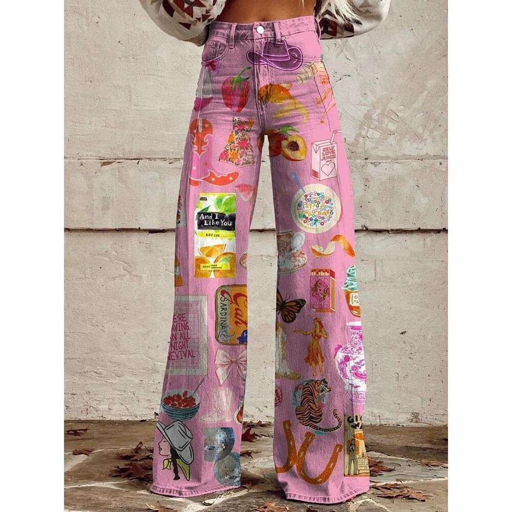 Women's oversized imitation denim 3D printed casual wide leg pants, flared pants