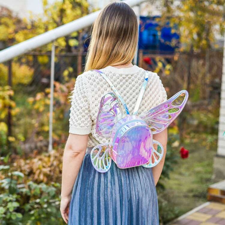 Fashion Women's Laser Mini Backpack Butterfly Angel Wings For Girls Travel Casual Daypack School Bag Holographic Leather