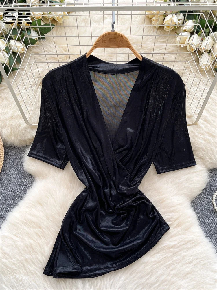 SINGREINY Women Sexy Streetwear Blouse Ladies Short Sleeves V Neck Split Shirts Summer Fashion Girl Slim Irregular Tops 250520