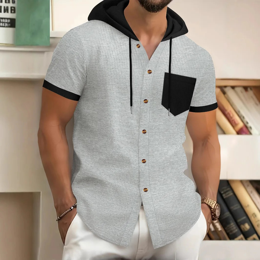 Mens Summer Waffle Hooded Cardigan ShortSleeved Jacket TwoTone Pocket BuckleButtoned Casual Knitwear 250520