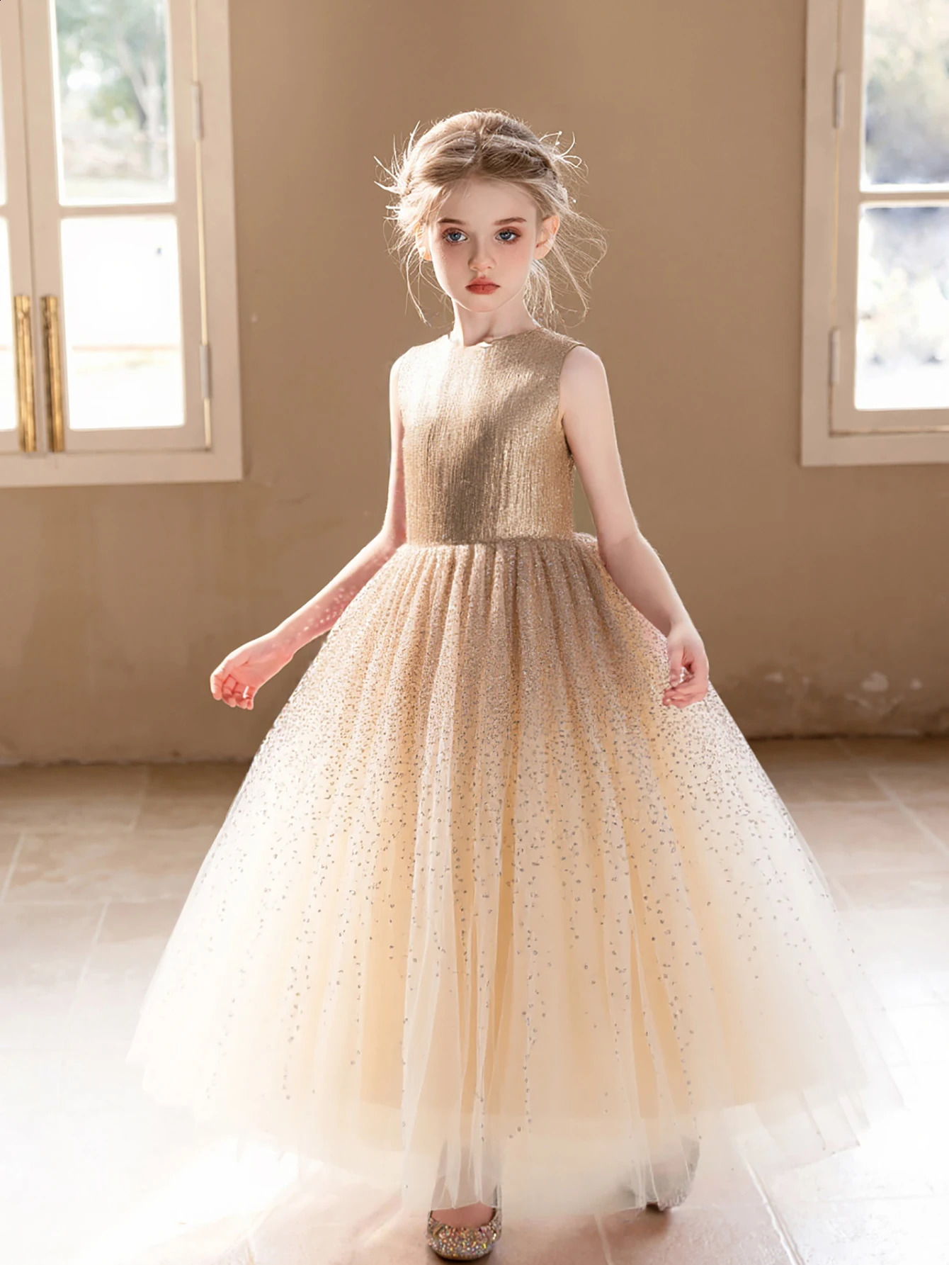 Girl Princess Dress High-end Champagne Sequined Dress for Girls Wedding Birthday Party Puffy Gauze Skirt Bridesmaid Dresses 250519