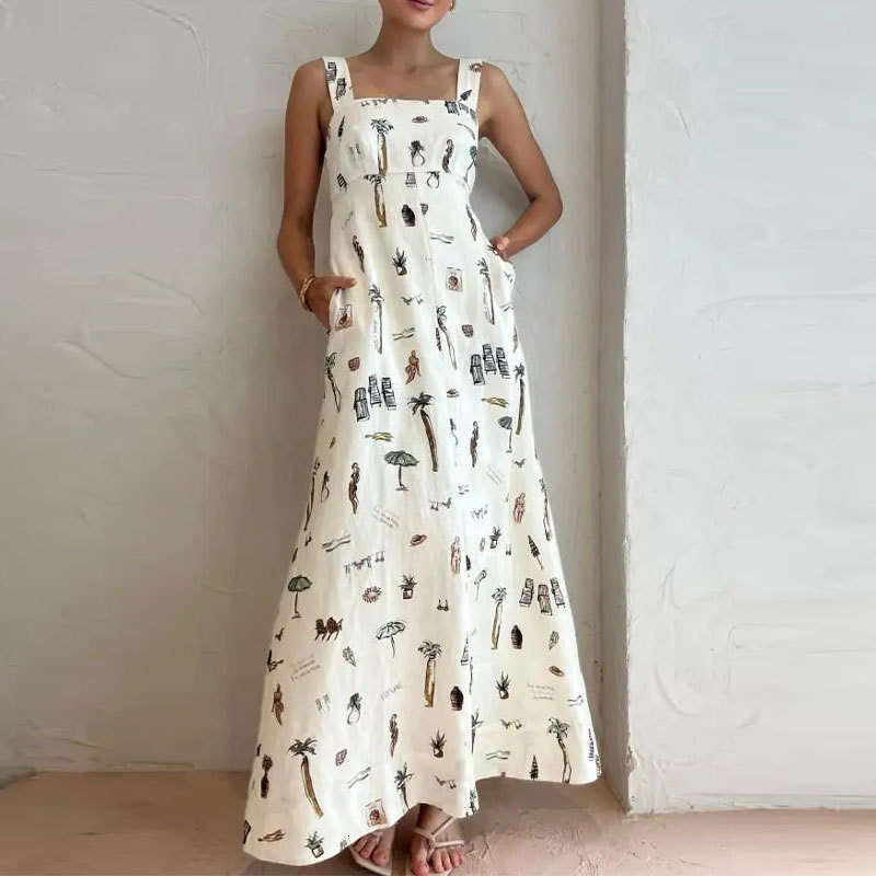 Women's Wear New Women's Sleeveless Lace Up Suspender Sexy Printed Large Swing Dress