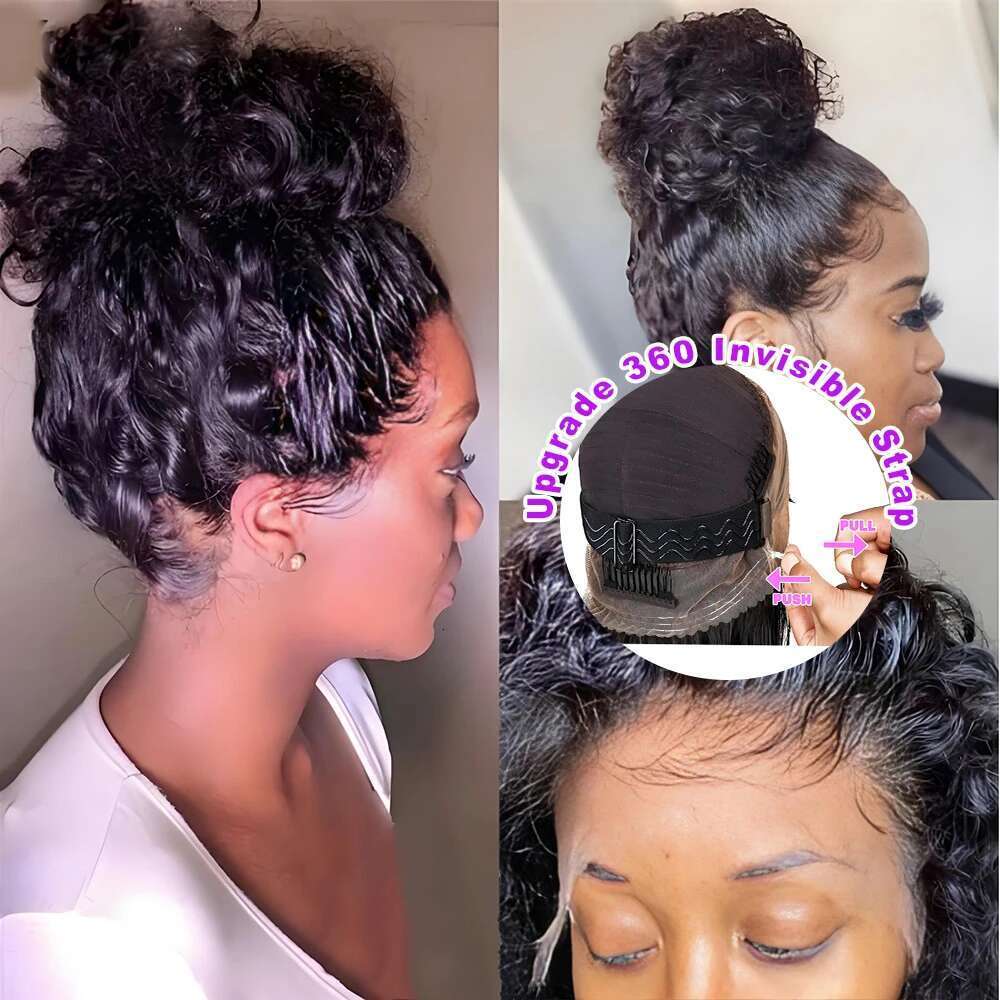 Invisi Strap 360 Full Lace Frontal 250 Density Kinky Curly 30 Inch Black Human Hair Drawstring Snug Water Wig Preplucked