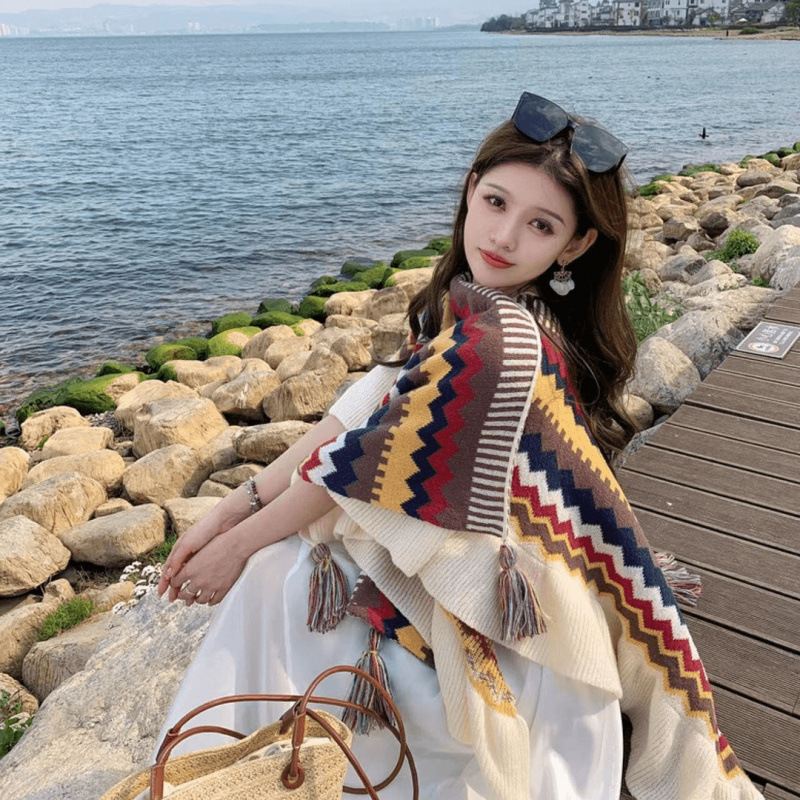 K778 Retro ethnic style shawl for women, new style, versatile knitted wood ear fringe cape, Yunnan travel wear, tassel large scarf