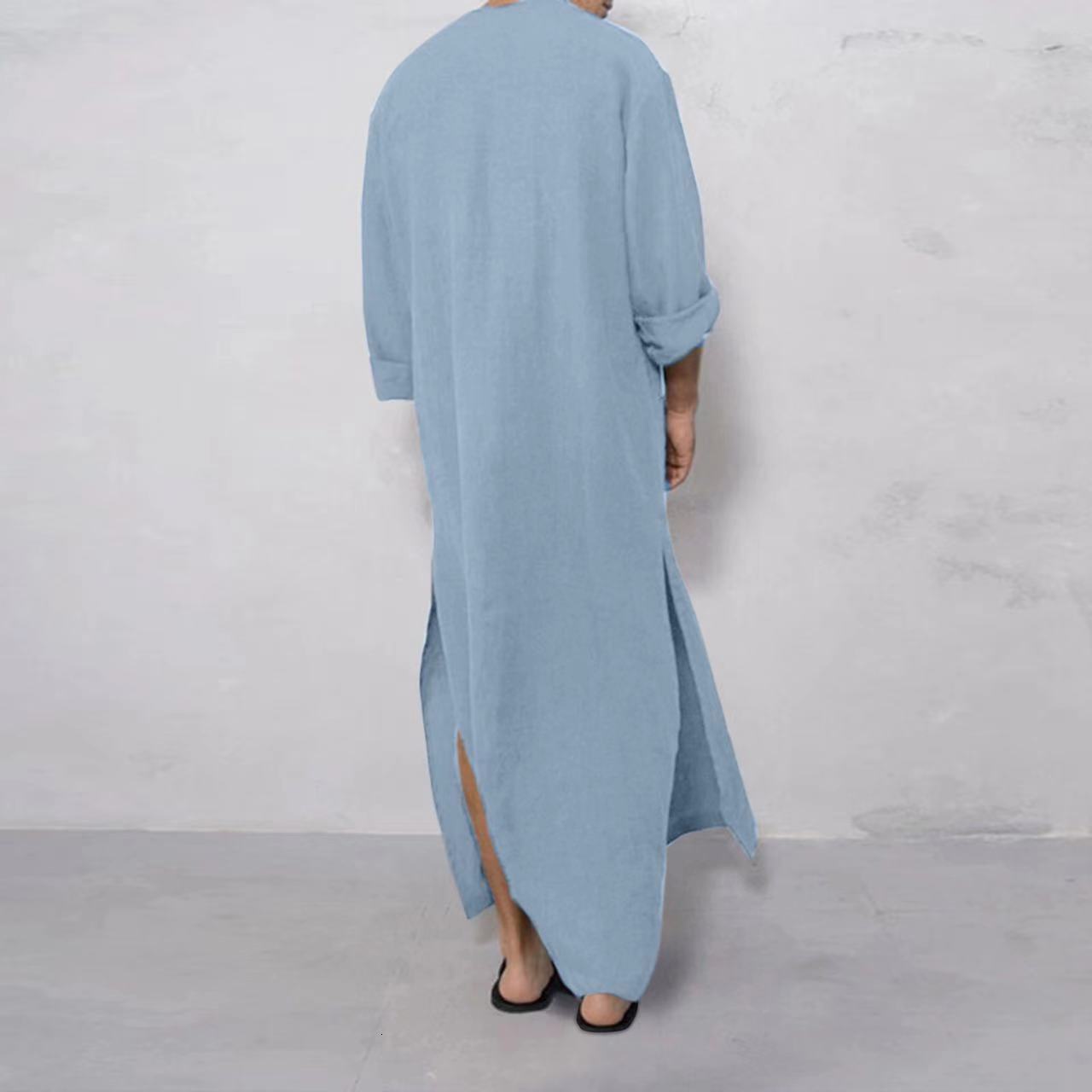 Male 2025 New Designer Clothing Muslim Arab Malaysian Casual Button Solid Color Long Sleeved Pocket Loose Robe