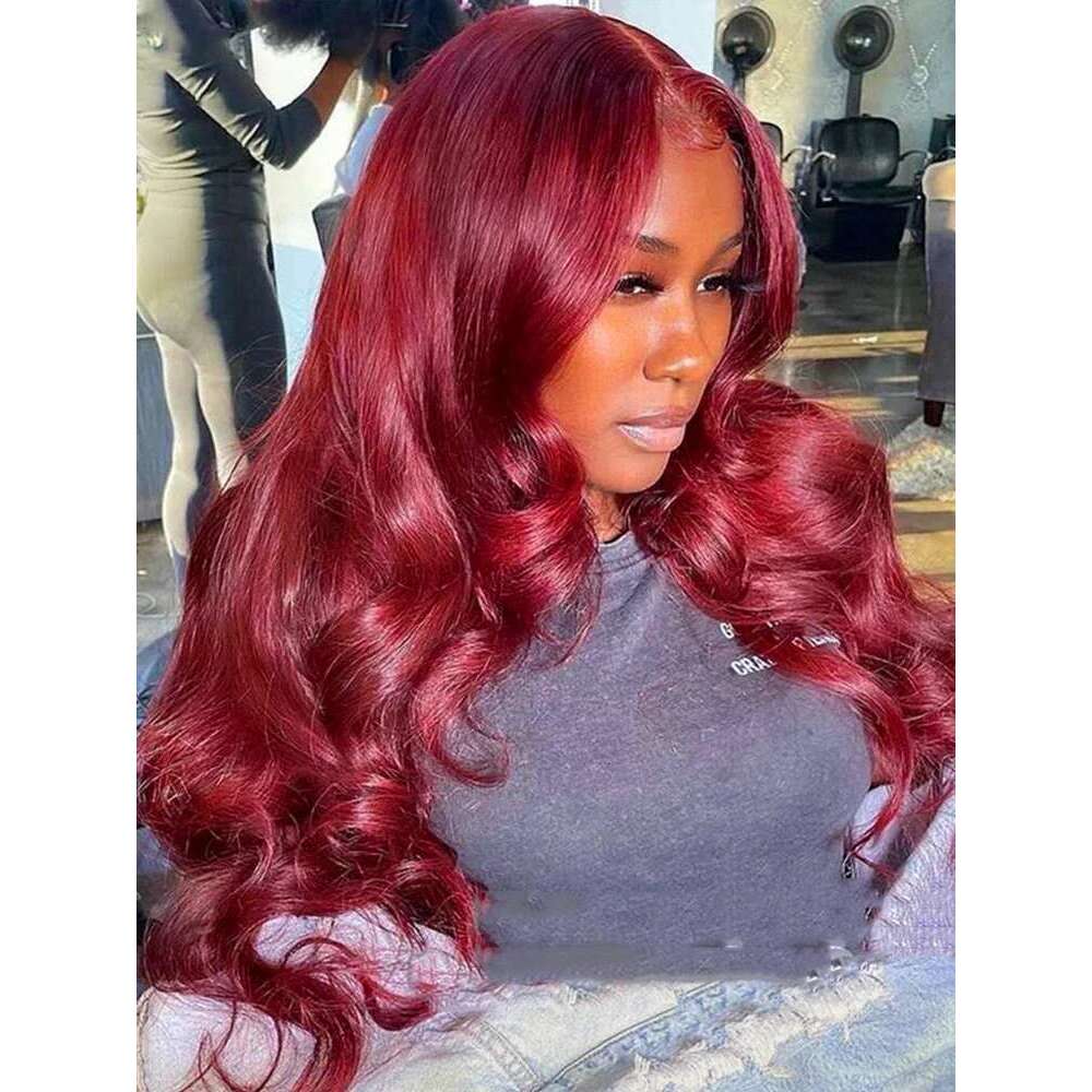 99J Bury 13x6 Body Wave Front HD Transparent Lace Frontal Wig Human Hair Pre Plucked 99j Red Color
