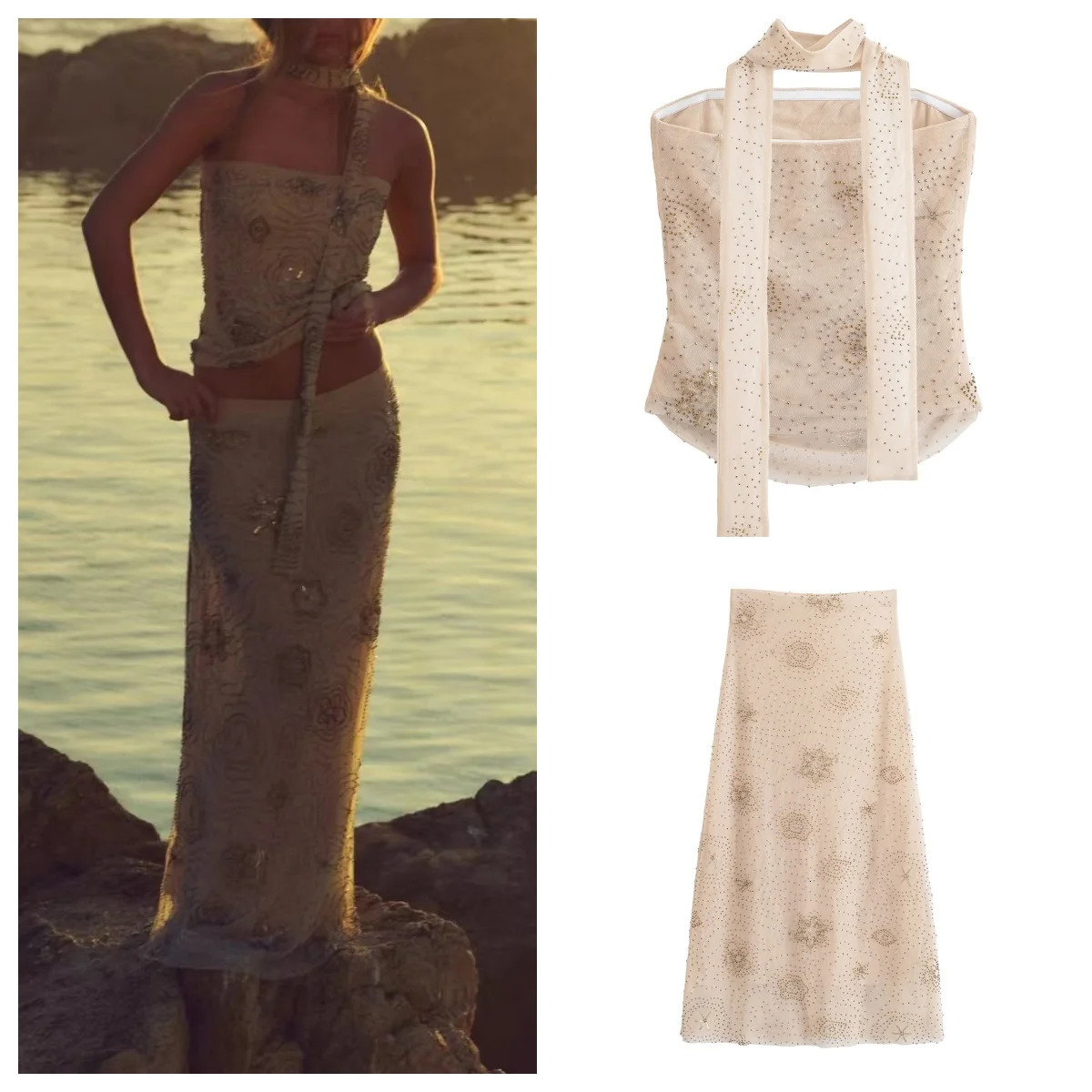 European and American girl mesh twopiece sexy slimfit beaded tube top vest with highwaisted skirt 250520