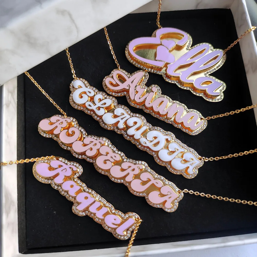 DUOYING Custom Enamel Name Necklace With Rhinestone Gold Plated Double Pendant Enamel Necklace For Women Jewelry Christmas Gift 250520