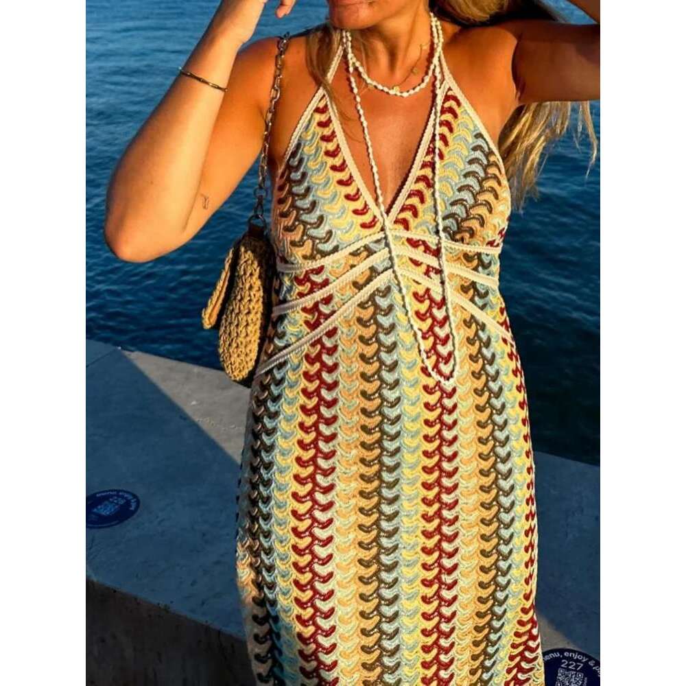 Sexy Printed Colorful Deep V-Neck Crochet Maxi Dress Women Chic Sleeveless Backless Sling Slim Vestido 2025 Lady Vacation Robes Designer