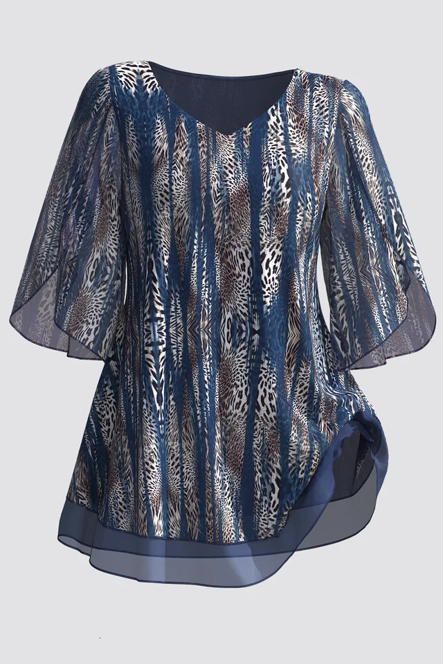 Summer Casual Tops Short Sleeve Women Blouse Plus Size Allover Leopard Print Cold Shoulder VNeck Blouses Loose Womens Clothing 250514