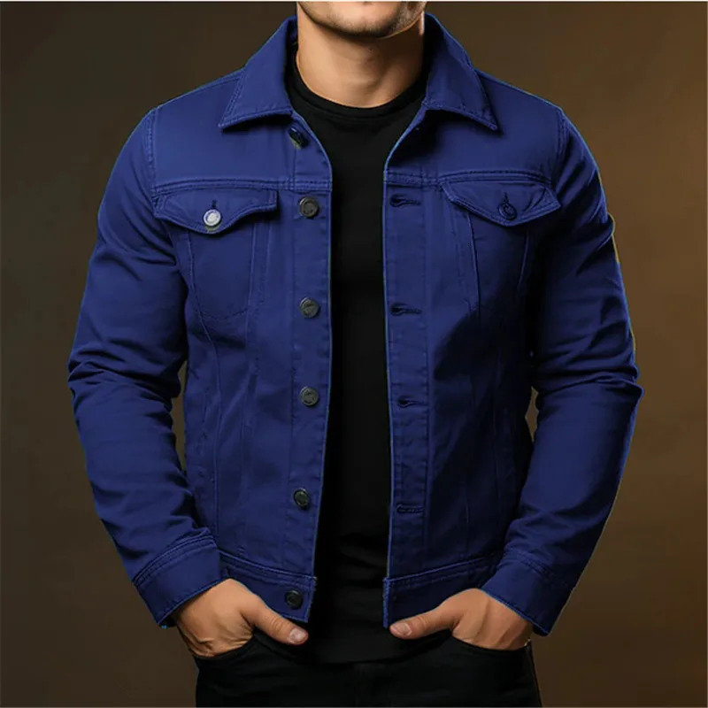 Mens Fashion Casual Denim Jackets Spring Autumn Solid Turn Down Collar Streetwear Jean Outwear Coats Male Daily Denim Jacket 250519