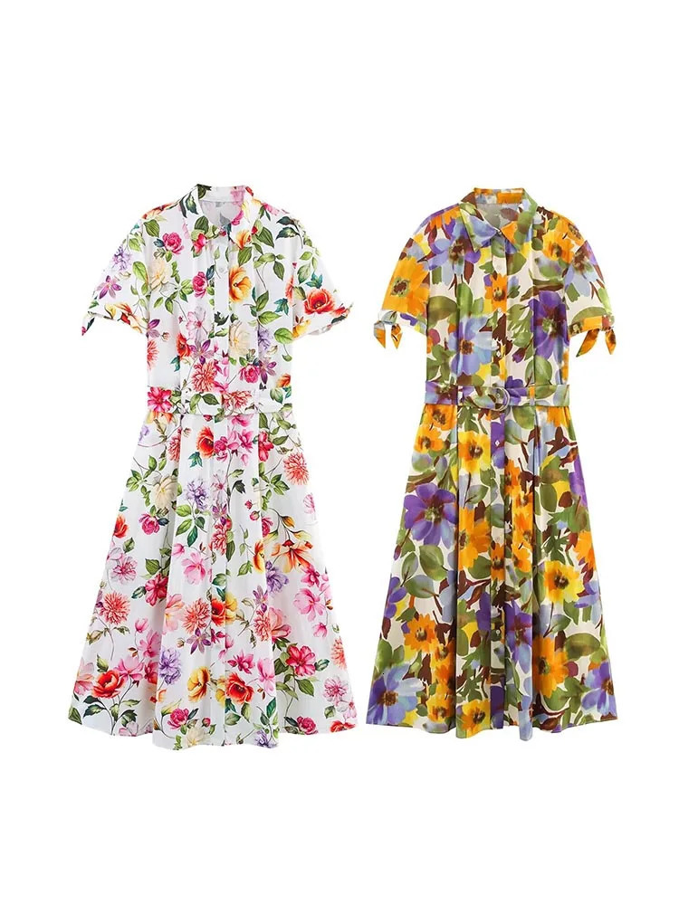 Women Summer Shirts Dress Vintage Print Floral Short Sleeve Poplin Female Elegant Street Dresses Clothing 250520