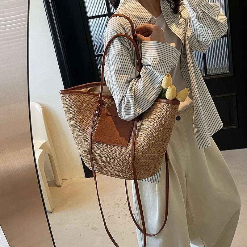 Women Fashion Handmade Straw Shoulder Purse Large Capacity Woven Sling Patchwork Vacation Bag