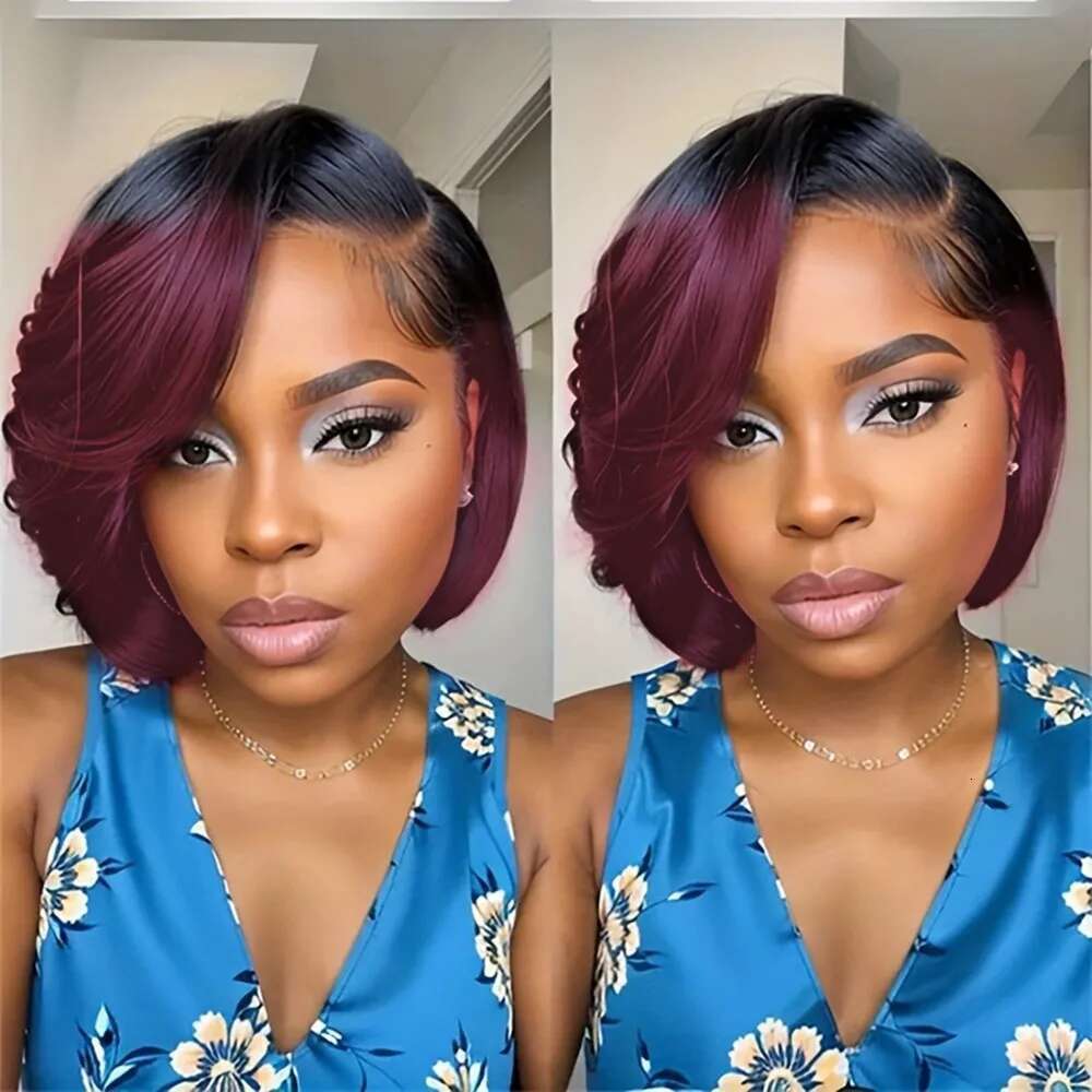 13x4 frontal lace daily party use remy 150% density 8inch 99 brown black color short straight pixie cut human hair wig
