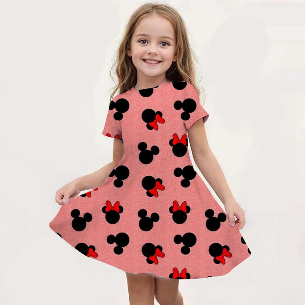 Disney Cartoon Minnie Mouse Printed Dress Girls Summer Fashion One-piece Dress Kids Daily Casual Short Sleeve Clothing Outfit W250520