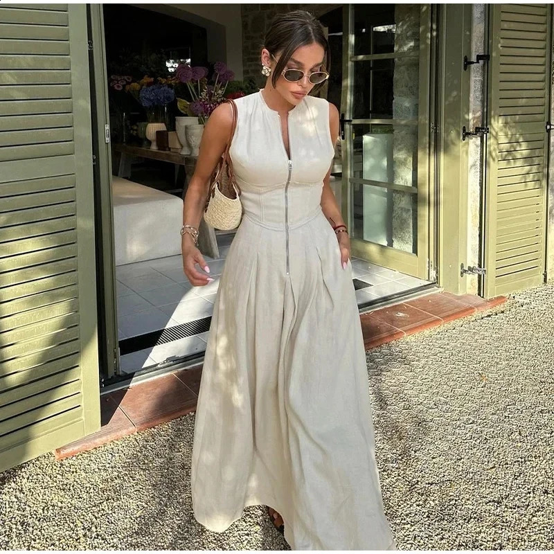 Summer Elegant Solid Sleeveless Women Maxi Dress Fashion V-neck Zipper Slim Cotton Linen Dresses 2024 Office Lady Commuting Robe250514
