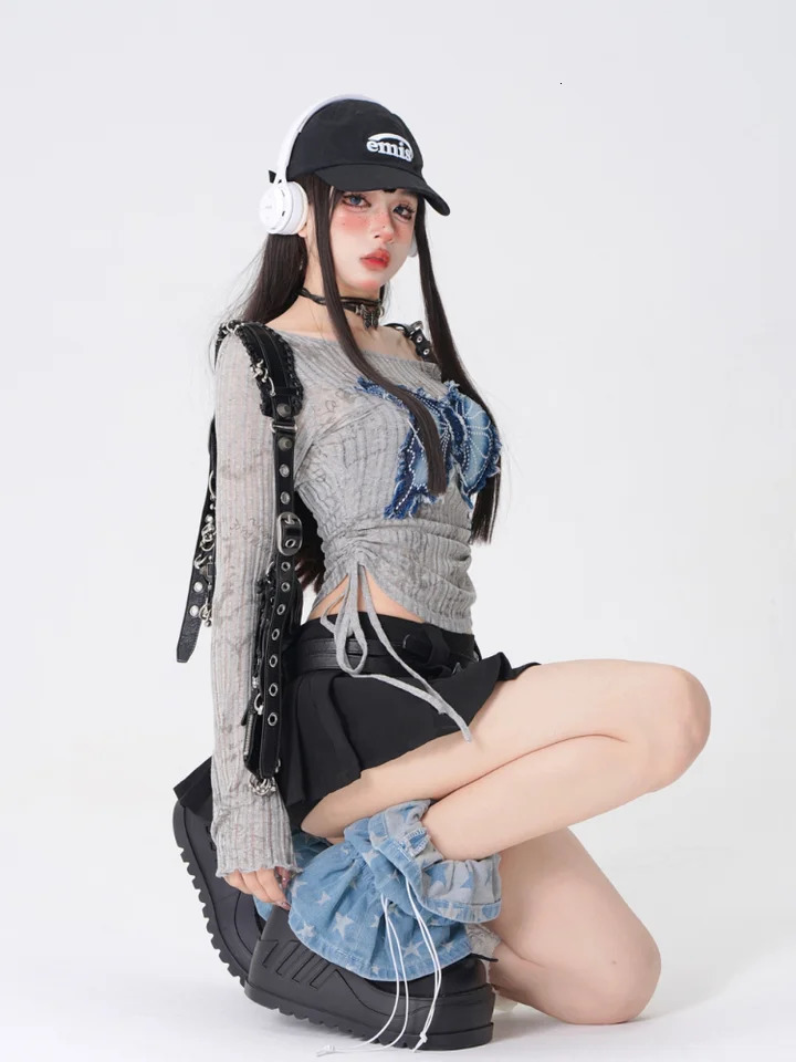 Retro Patchwork Denim Bow Womens Top Short Slim Off Shoulder Drawstring Long Sleeved T-shirt Y2K Style Girl Clothing 250517