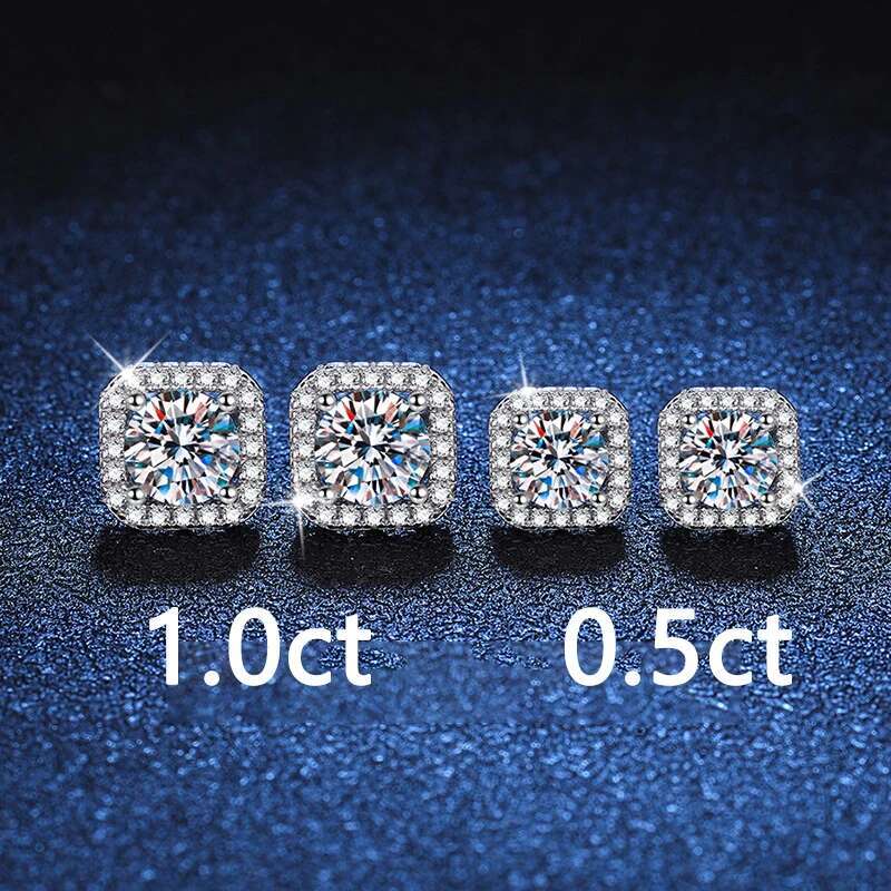 COSFIX White Gold 1CT Moissanite Stud Earrings for Women Round Cut S925 Silver Luxury Square Jewelry Lab Diamond Earring Gift