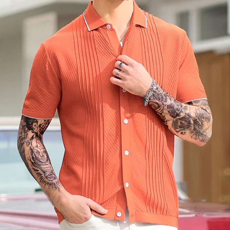 Summer Mens y Knitted Solid Color Shirt Fashion Short Sleeve Buttondown Shirts for Men Vintage Business Leisure Knitwear 250520
