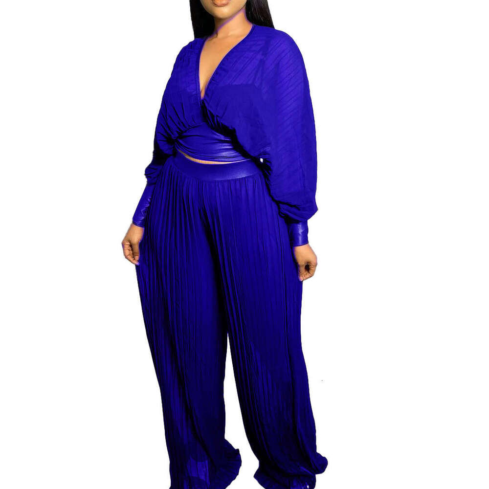 Women's Wear Women's Summer Long Sleeved V-Neck Bat Sleeve Top Folded Hundred Pleats Wide Leg Pants Two Piece Set