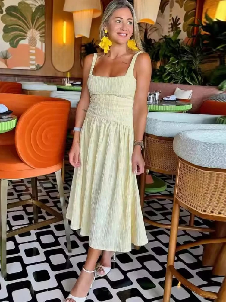 ZBZA Women Pleated Midi Dress Square Neck Halter Back High Waist Zipper Aline Suspender Spring Summer Female Chic Top 250520
