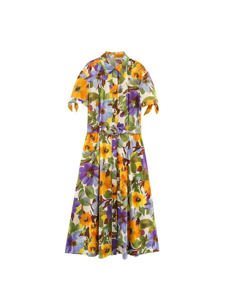 Women Summer Shirts Dress Vintage Print Floral Short Sleeve Poplin Female Elegant Street Dresses Clothing 250520