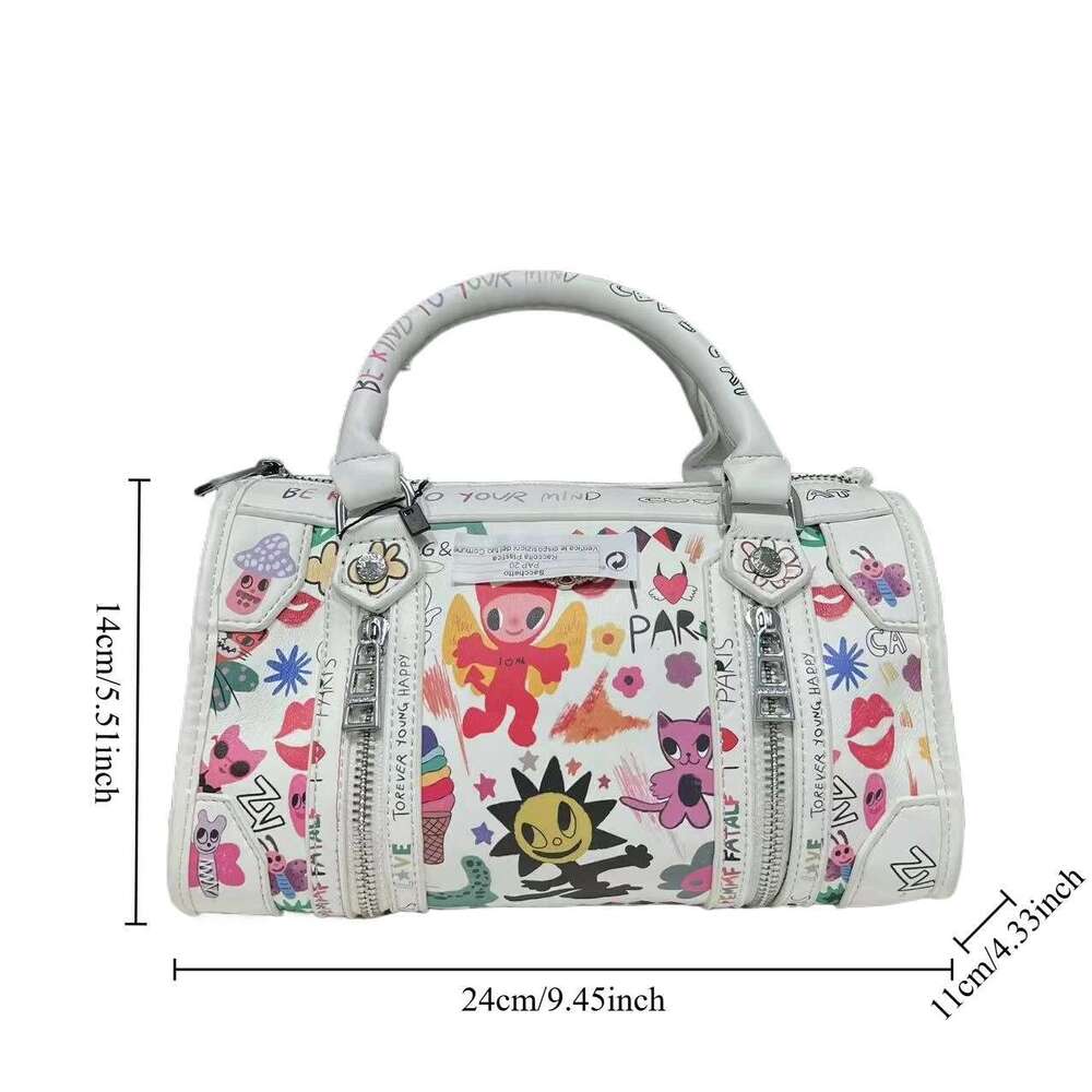 Ladies' Fashionable Graffiti Funny Design Handbag With Multiple Zippers, Luxurious Single Shoulder Diagonal Cross Bag