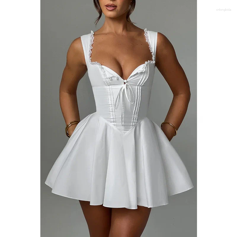 Casual Dresses Lamuusaa Corset Dress Women Sexy Clothes Solid Color Square Collar Sleeveless Ruffle Hem a Line Mini Club Party