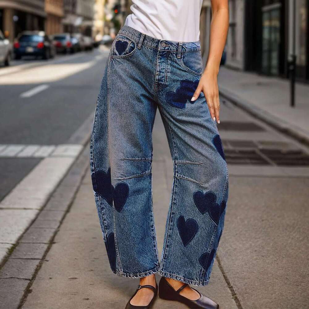 Woman clothes Barrel Jeans For Women Mid Rise Heart Printed Denim Ankle Vintage Baggy Womens Casual Dress Pants for Summer