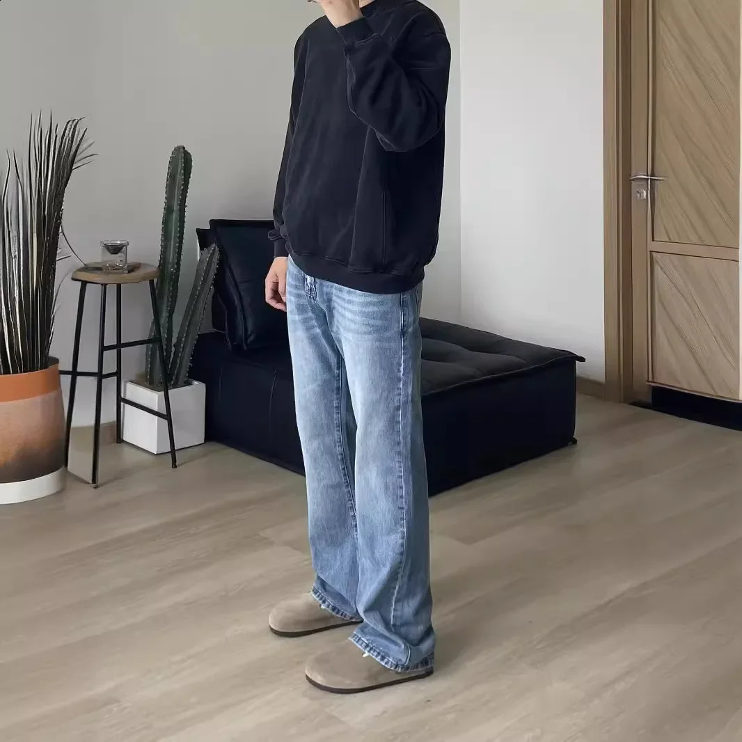 American Style Vintage Light Blue Wash Distressed Jeans Mens Clean Fit Mid Waist Hip Hop Slim Fit Denim Pants 250519