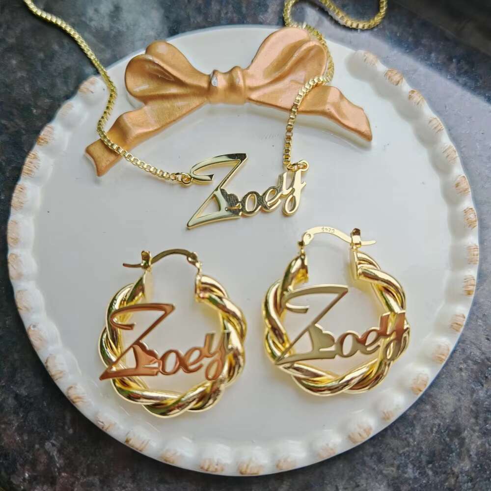 Autumn Cold Stainless Steel 2pcs Necklace with 27mm Twisted Ring Earrings Personalized Name Jewelry Set Cute Gift