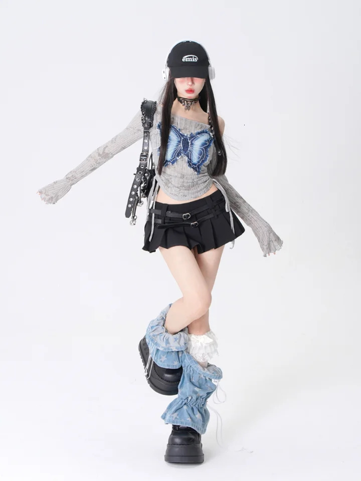 Retro Patchwork Denim Bow Womens Top Short Slim Off Shoulder Drawstring Long Sleeved T-shirt Y2K Style Girl Clothing 250517