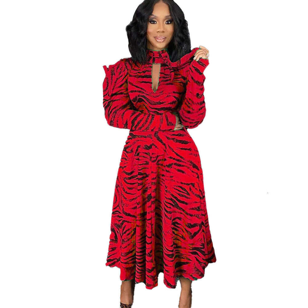 Women's Wear Women's Autumn And Winter Temperament Commuting Long Sleeved High Waist Hem Printed Large Size Dress