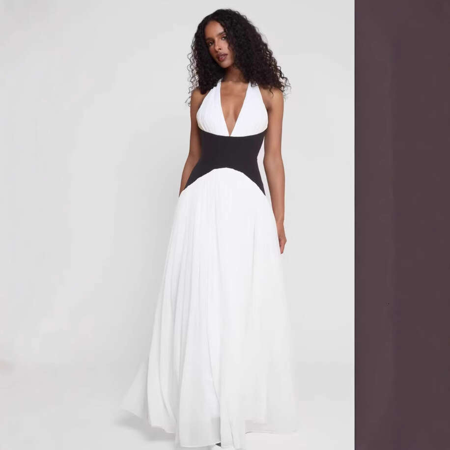 Color blocking sexy vacation hanging neck deep v backless long dress, dress 2025 new casual versatile fashion clothing