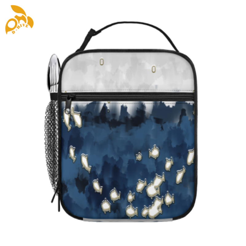 Free shipping. Top designer custom-made round beige, white and black semi-long lightweight portable hand-held insulated lunch bag for adults.