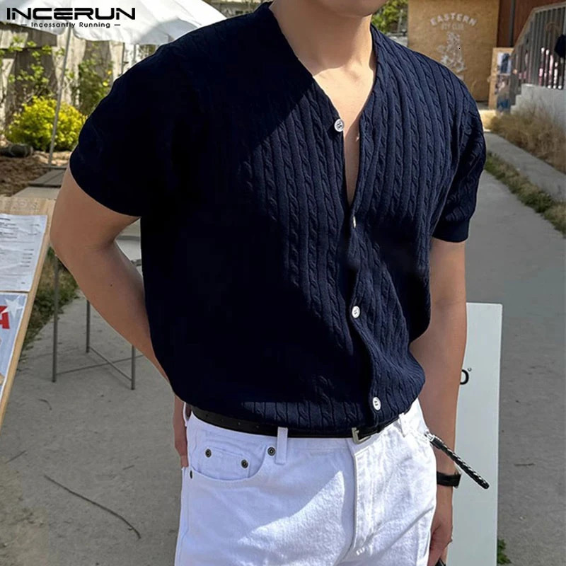 INCERUN Men Shirt Solid Color V Neck Short Sleeve Streetwear Summer Clothing Korean Style Knitted Fashion Male Shirts 250520