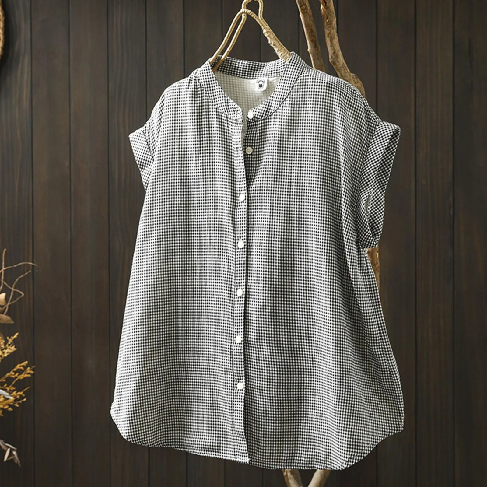 Ladies Retro Cotton Checked Shirt Short Sleeved Collarless V Neck Summer Comfort Plain Simple Casual Top Blusas Para Mujer 250516Z