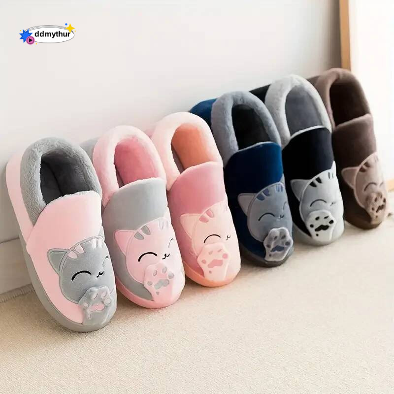 Cute Home Slippers Women Furry Short Plush Cartoon Cat House Shoes Woman Non-slip Soft Winter Warm Indoor Bedroom Men Couples ddmythur