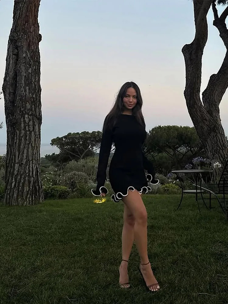 Women Fashion Solid Ruffles Hem Mini Dress Elegant Long Sleeve High Waist Slim Dresses 2025 Summer Vocation Street Vestidos 250519