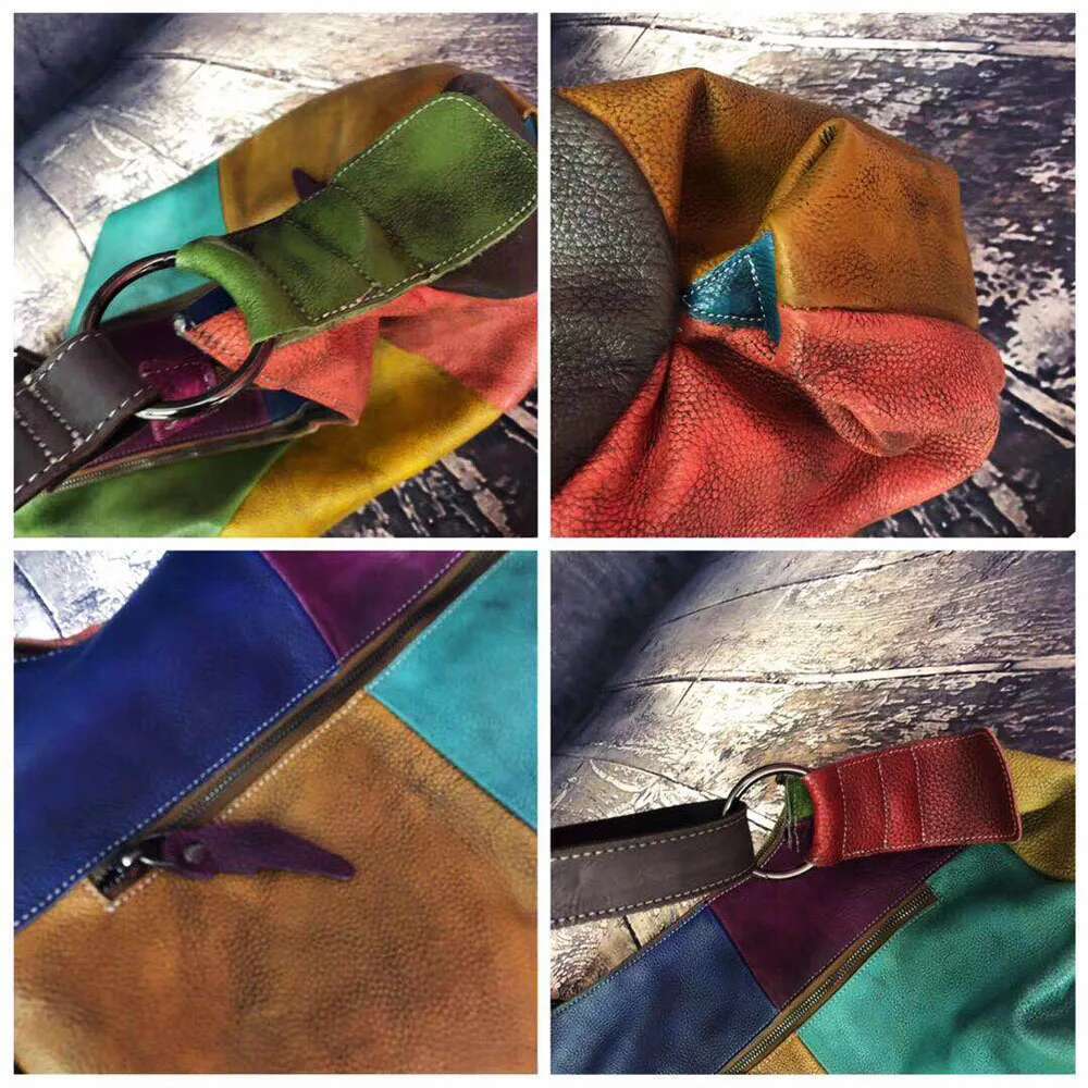 Oversized Female Genuine Leather Patchwork Hobo Slouchy Shoulder Vintage Big Capacity Overnight Weekender Work Laptop Bag