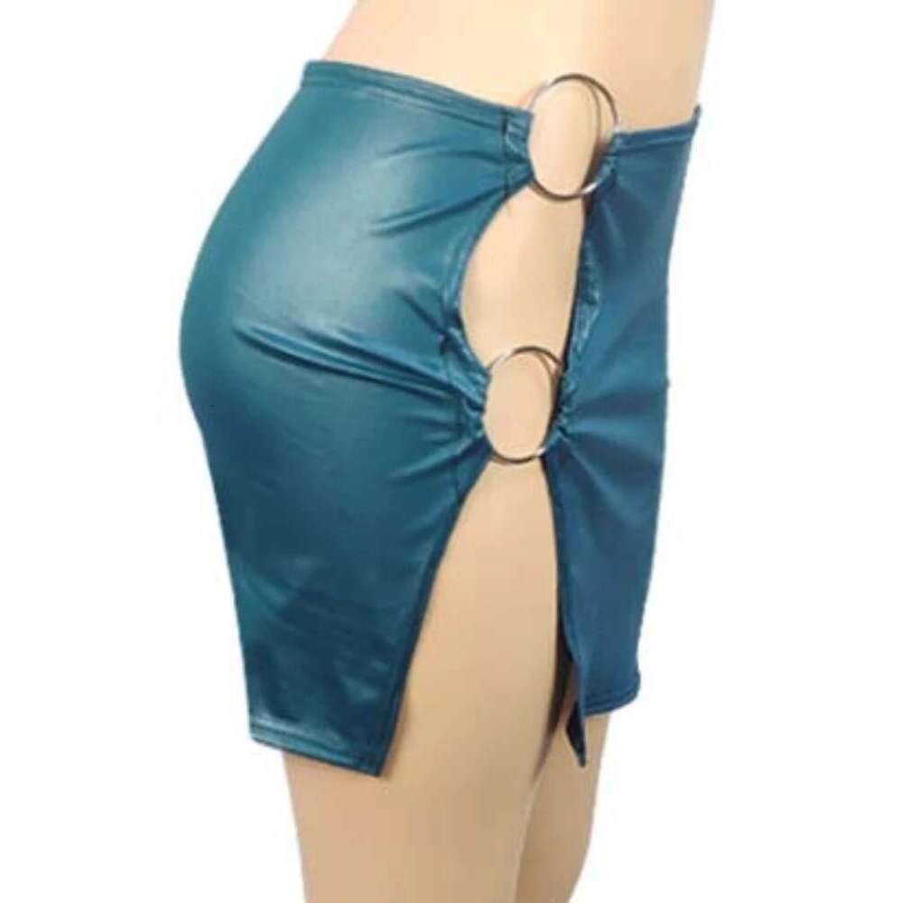 PU Imitation Leather Metal Ring Side Split Mini Women High-Waist Fitess Slim Skirts Vintage Bodycon Skirt Club Party