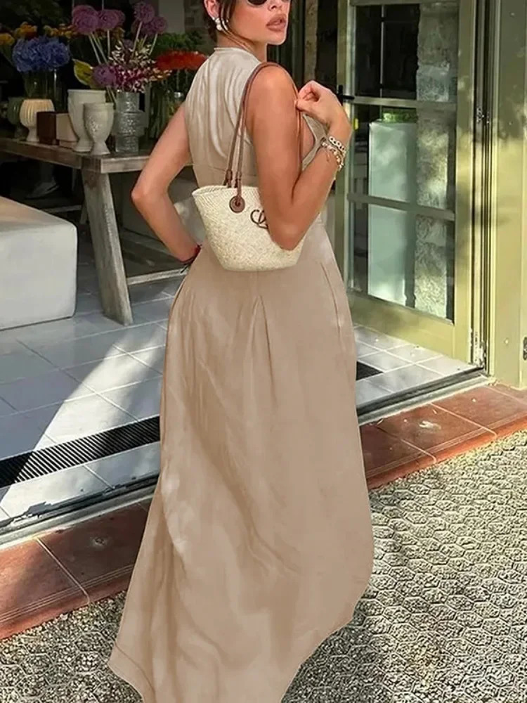 UOOZEE Office Lady Commute Pleated Aline Dress Summer Fashion Solid Color Sleeveless Zipper Evening Maxi Dresses 250520