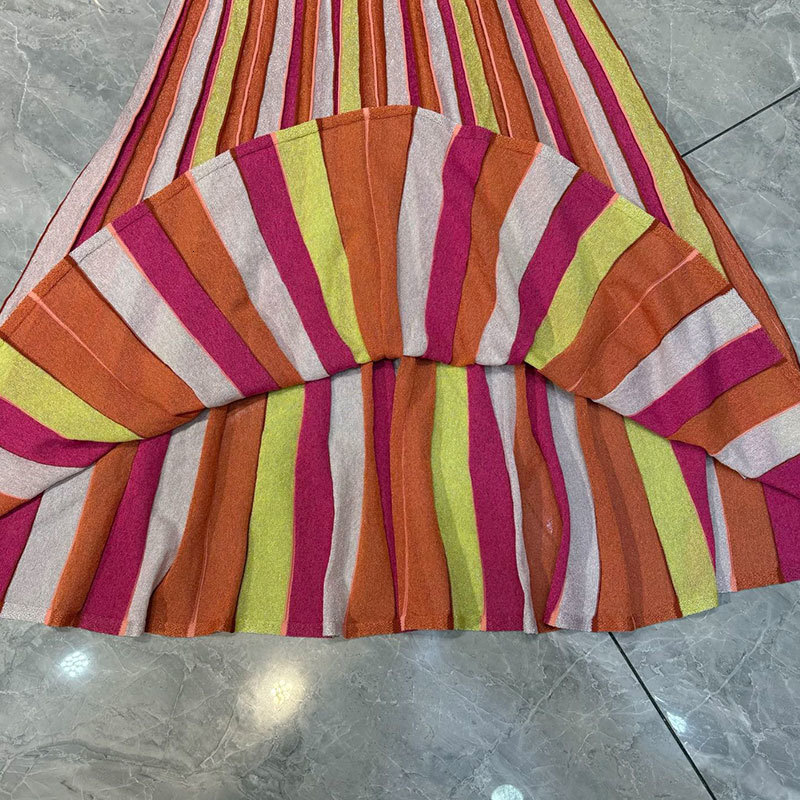 Summer New Women's Round Neck Striped Sleeveless Dress Elegant Knit Design Calf-Length Pleated Vest Dresses Fashion Classic Luxury Bright Silk Cl