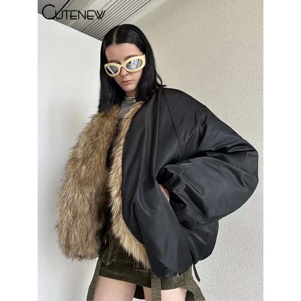 Cutenew Patchwork Long Sleeve Elastic Furry Down Jacket Women's Winter Casual Warm Lady High Street Padded Coats Top Designer