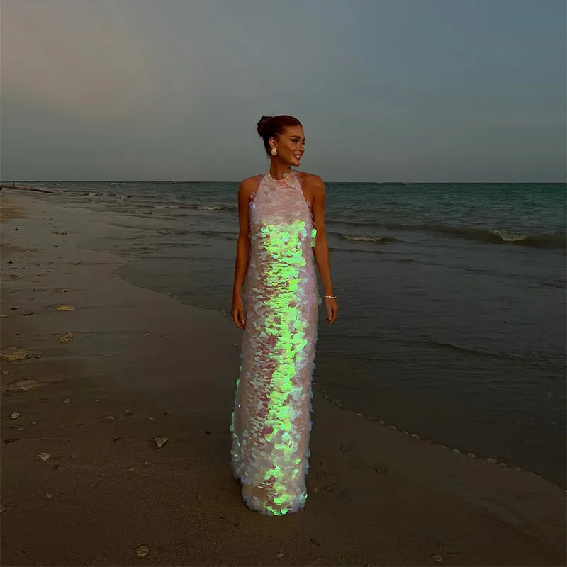 Chic Shinning Sequins Maxi Dress For Women Backless Sleeveless Halter Robes Lady Spring Summer Vacation Beach Dresses 250517