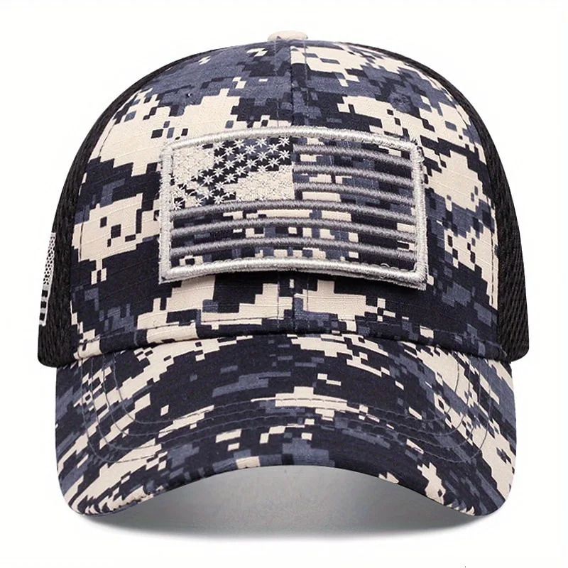 Stars and Stripes camouflage applied-embroidered baseball caps mens and womens outdoor sports event fishing net gauze caps 250519