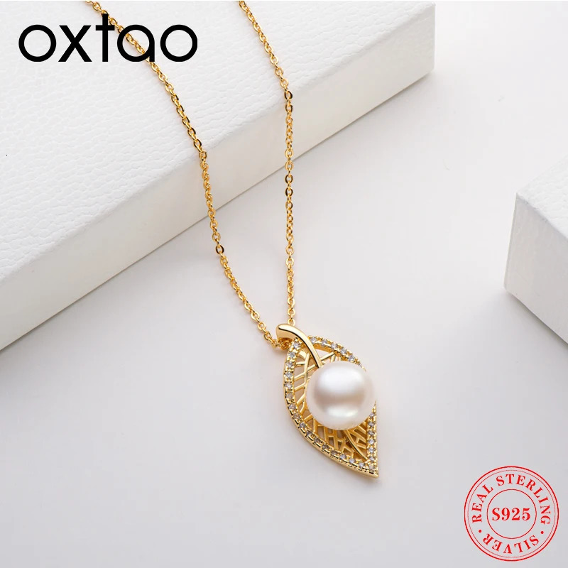 OXTAO Freshwater Pearl Leaf Pendant Necklace 14K Gold Bag for Women Clavicle chain necklace exquisite jewelry gift 250520